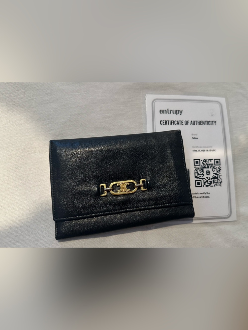 Celine Black Leather Compact Wallet with Gold Horsebit Hardware